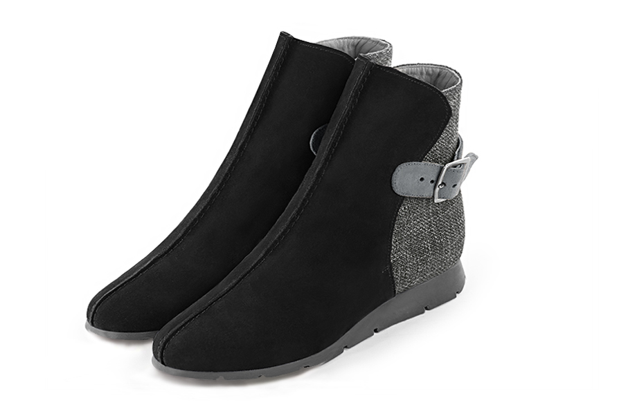 Women's matt black, dark grey and dove grey elegant ankle boots, with buckles at the back. Round toe. Thin rubber soles - Front view